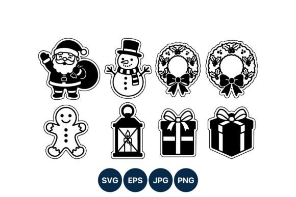 Black White Christmas Icons Set & Illustrations