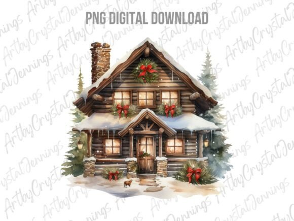 Cozy Christmas Cabin Watercolor PNG Review
