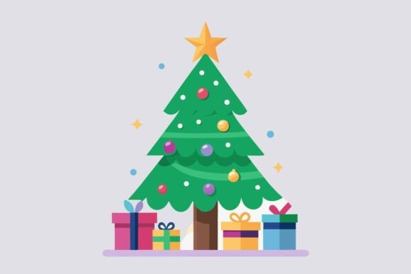 Flat Christmas Tree and Gifts Vector Art Review