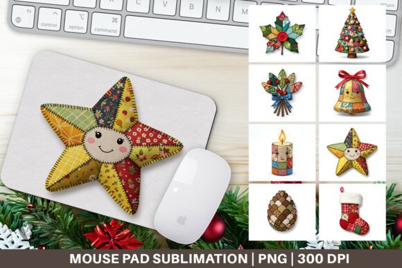 Patchwork Christmas Folk Art Mouse Pad & Illustrations