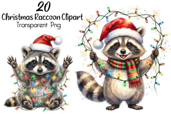 Patchwork Christmas Raccoon Clipart for Illustrations