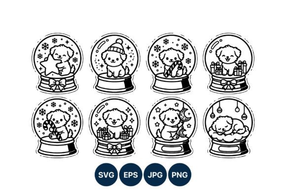 Puppy Snow Globes Christmas Line Art & Illustrations