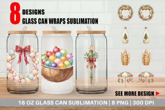 Retro Coastal Christmas Glass Can Wrap Illustrations