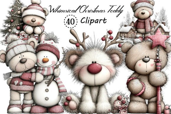 Whimsical Christmas Teddy Clipart Bundle: Illustrations for Design