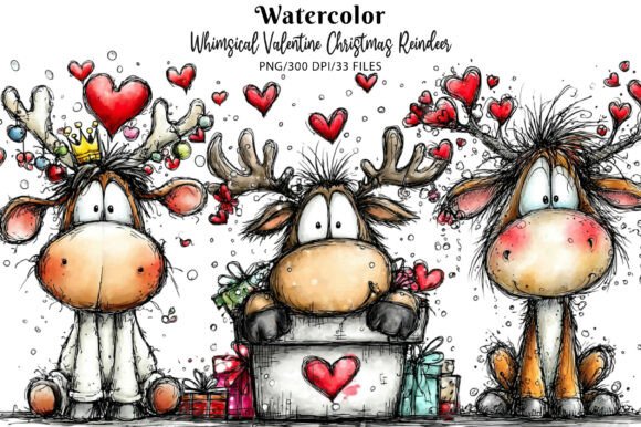 Whimsical Valentine Christmas Reindeer Illustrations