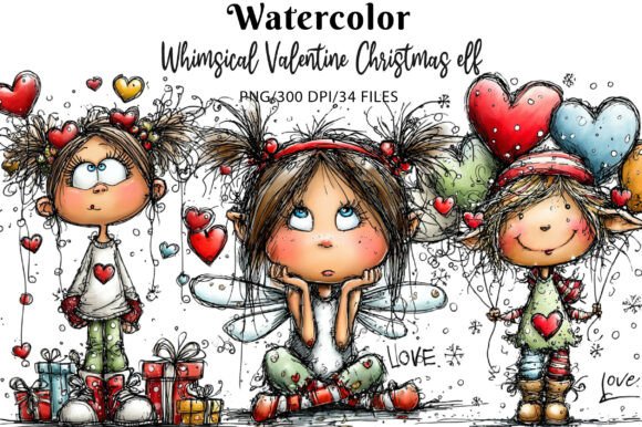 Whimsical Valentine Elf Girl Illustrations