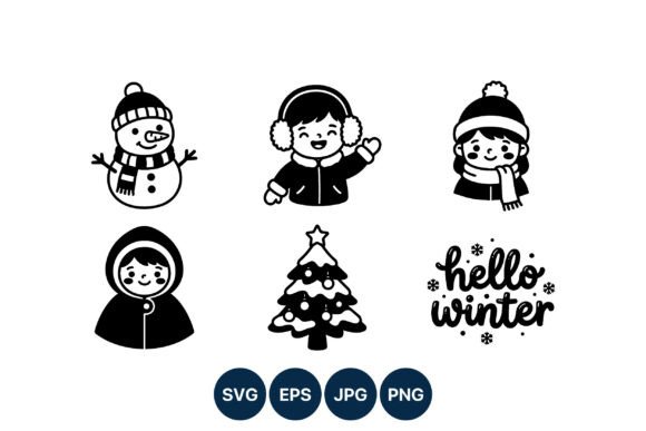 Winter Children Snowman Christmas Tree Illustrations